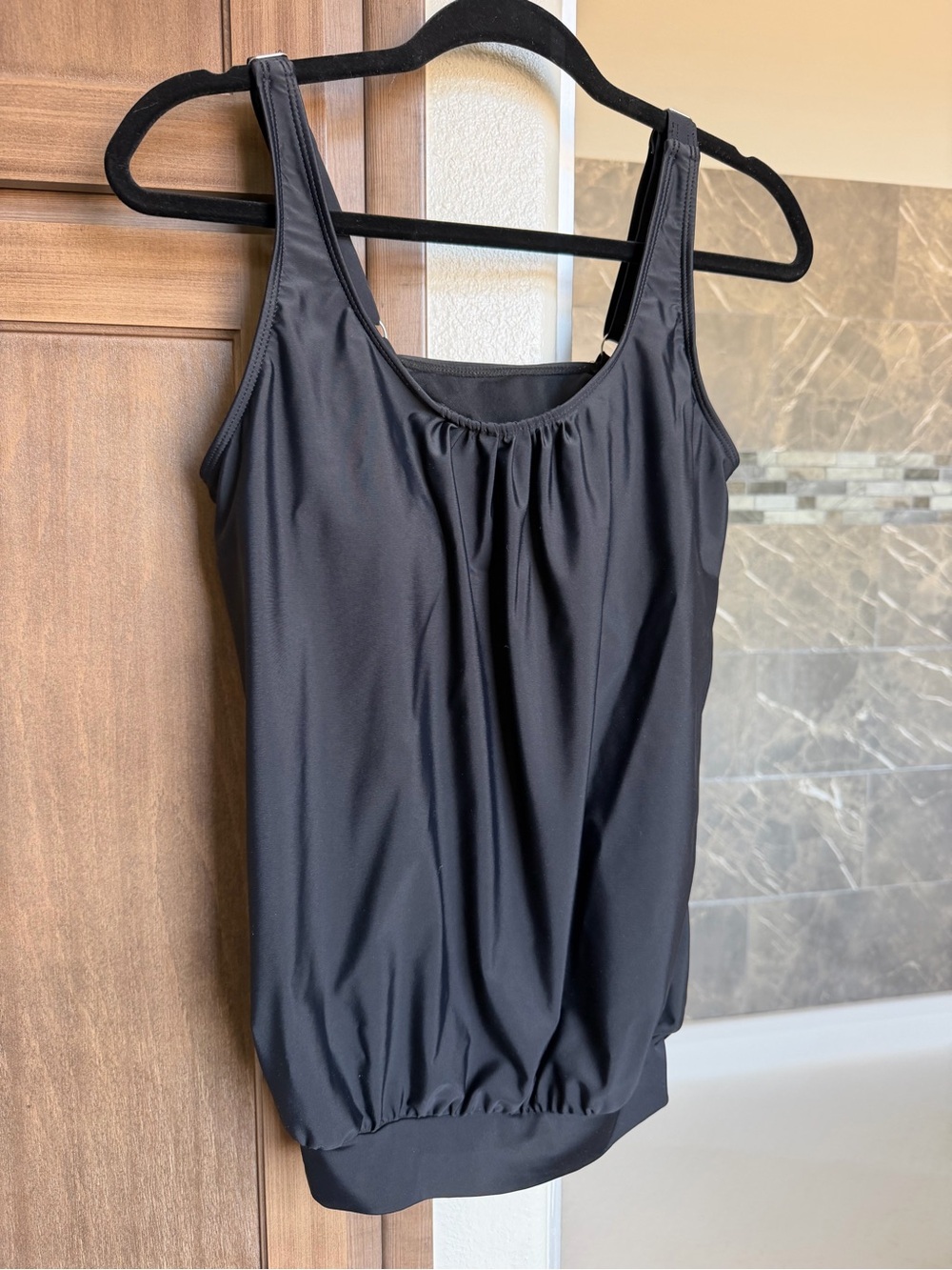 Younique Black Scoop Neck Tankini Top with Gathered Front Support